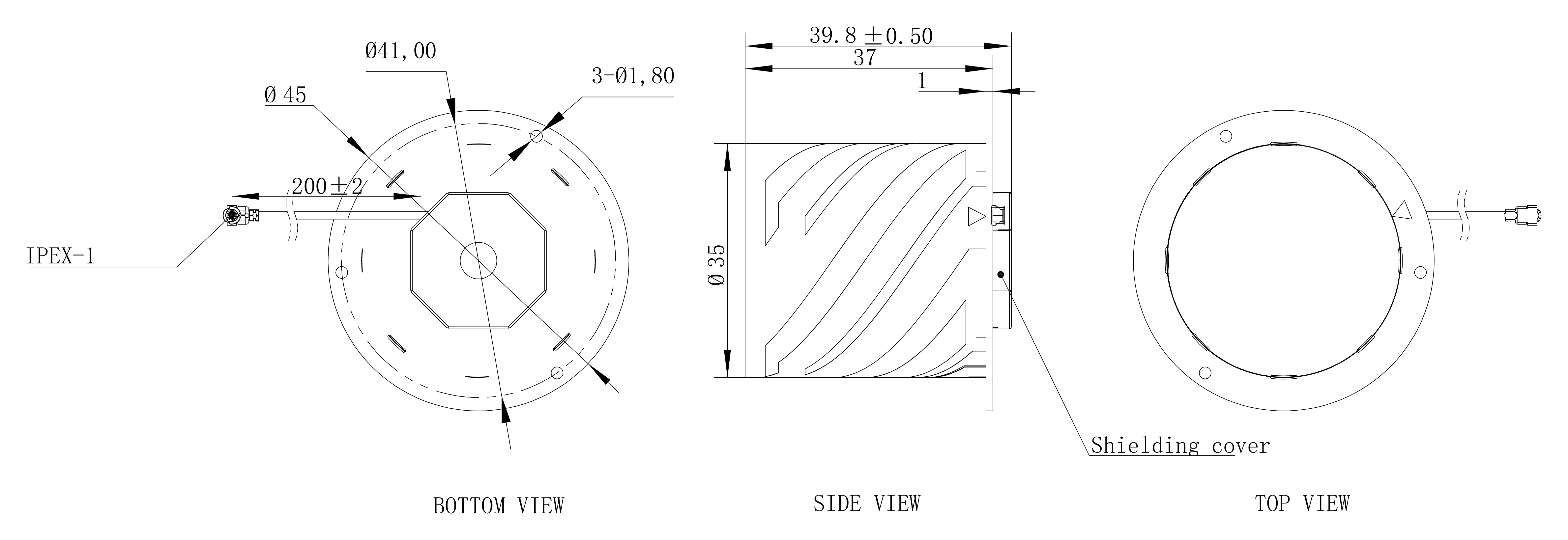 Dimensional drawing — bottom, side and top views